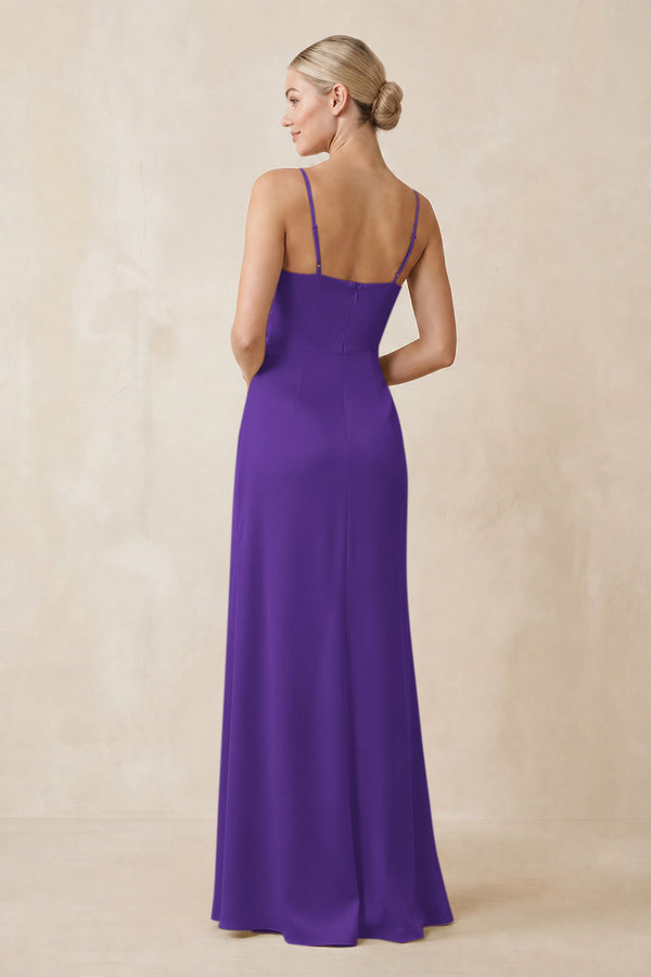 Cami Strap Ruched Satin Sheath Bridesmaid Dress in Amethyst (2) | KISSBRIDAL
