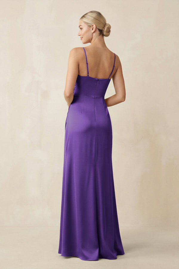 Cami Strap Ruched Satin Sheath Bridesmaid Dress in Amethyst - KISS BRIDAL Bridesmaid Dresses