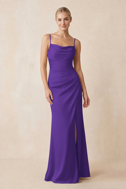 Cami Strap Ruched Satin Sheath Bridesmaid Dress in Amethyst | KISSBRIDAL