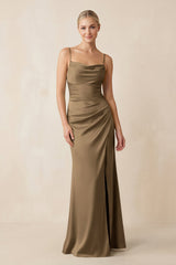 Cami Strap Ruched Satin Sheath Bridesmaid Dress in Apple Cinnamon - KISS BRIDAL Bridesmaid Dresses