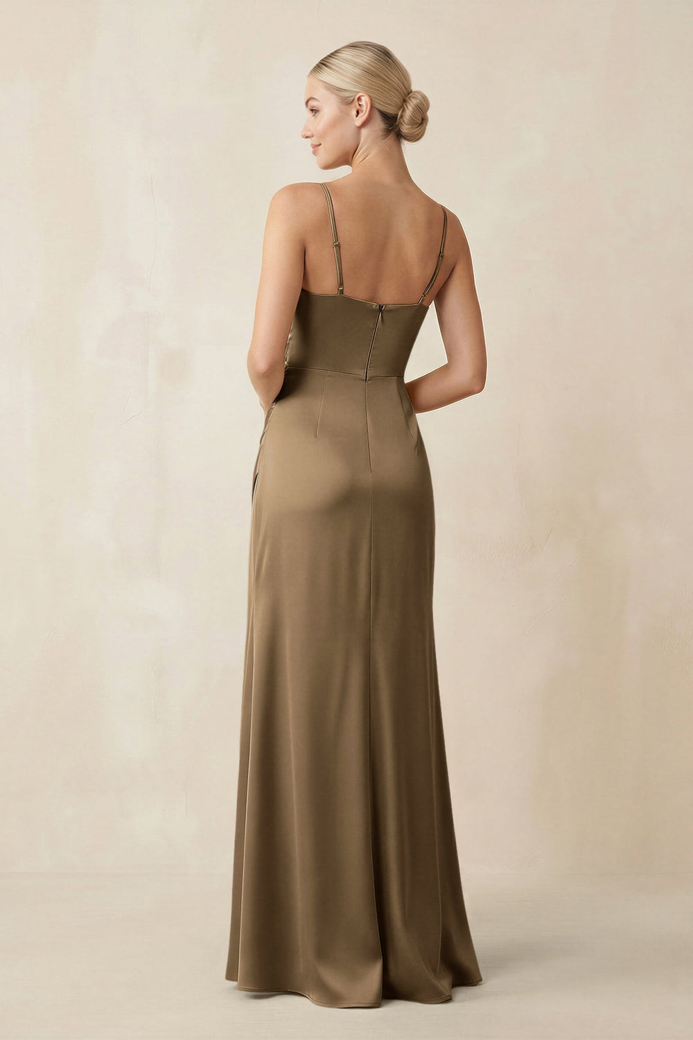 Cami Strap Ruched Satin Sheath Bridesmaid Dress in Apple Cinnamon - KISS BRIDAL Bridesmaid Dresses
