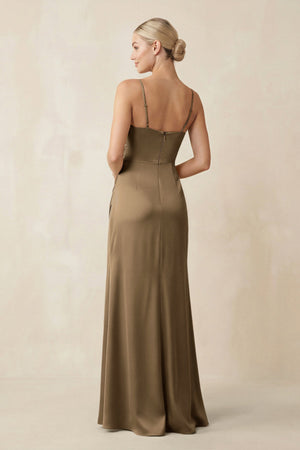 Cami Strap Ruched Satin Sheath Bridesmaid Dress in Apple Cinnamon - SHE IS ME Bridesmaid Dresses