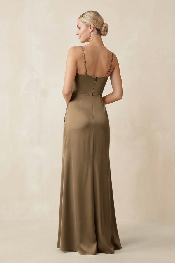 Cami Strap Ruched Satin Sheath Bridesmaid Dress in Apple Cinnamon - SHE IS ME Bridesmaid Dresses