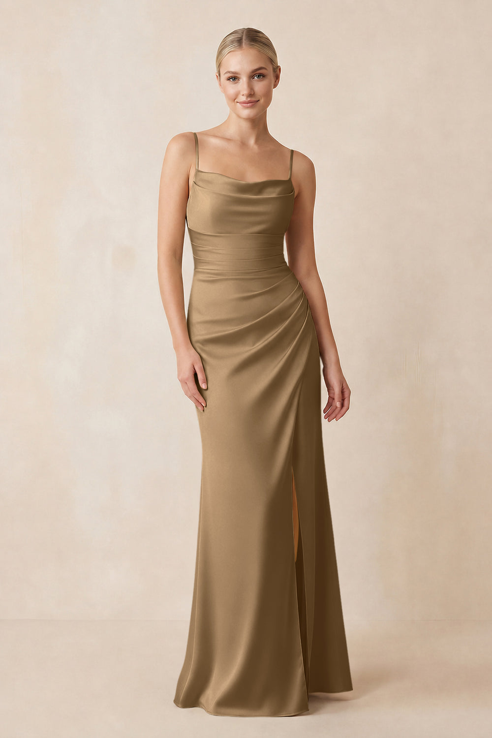 Cami Strap Ruched Satin Sheath Bridesmaid Dress in Apple Cinnamon