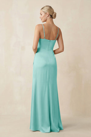 Cami Strap Ruched Satin Sheath Bridesmaid Dress in Aqua - SHE IS ME Bridesmaid Dresses