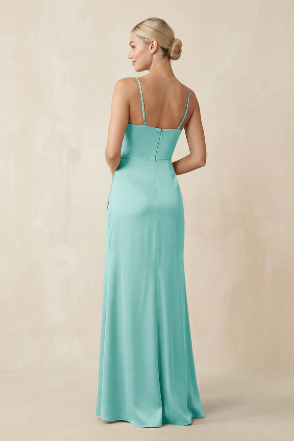 Cami Strap Ruched Satin Sheath Bridesmaid Dress in Aqua - SHE IS ME Bridesmaid Dresses