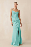 Cami Strap Ruched Satin Sheath Bridesmaid Dress in Aqua - SHE IS ME Bridesmaid Dresses