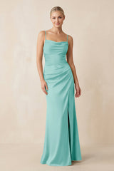 Cami Strap Ruched Satin Sheath Bridesmaid Dress in Aqua - KISS BRIDAL Bridesmaid Dresses