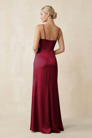 Cami Strap Ruched Satin Sheath Bridesmaid Dress in Berry - KISS BRIDAL Bridesmaid Dresses