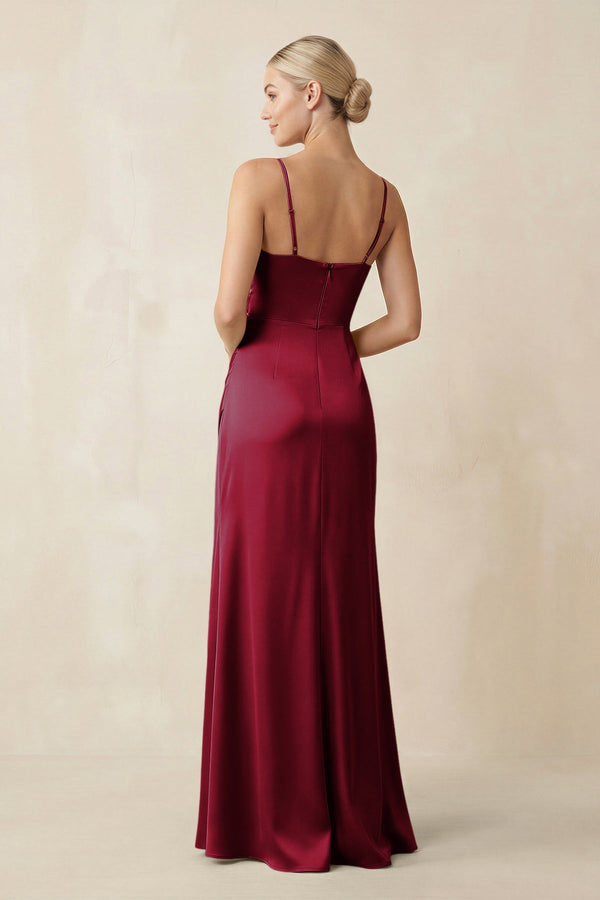 Cami Strap Ruched Satin Sheath Bridesmaid Dress in Berry - KISS BRIDAL Bridesmaid Dresses