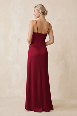 Cami Strap Ruched Satin Sheath Bridesmaid Dress in Berry (2) | KISSBRIDAL