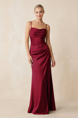 Cami Strap Ruched Satin Sheath Bridesmaid Dress in Berry - KISS BRIDAL Bridesmaid Dresses