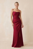 Cami Strap Ruched Satin Sheath Bridesmaid Dress in Berry | KISSBRIDAL