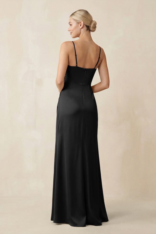 Cami Strap Ruched Satin Sheath Bridesmaid Dress in Black - KISS BRIDAL Bridesmaid Dresses