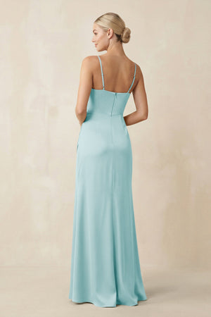 Cami Strap Ruched Satin Sheath Bridesmaid Dress in Bleached Aqua - KISS BRIDAL Bridesmaid Dresses