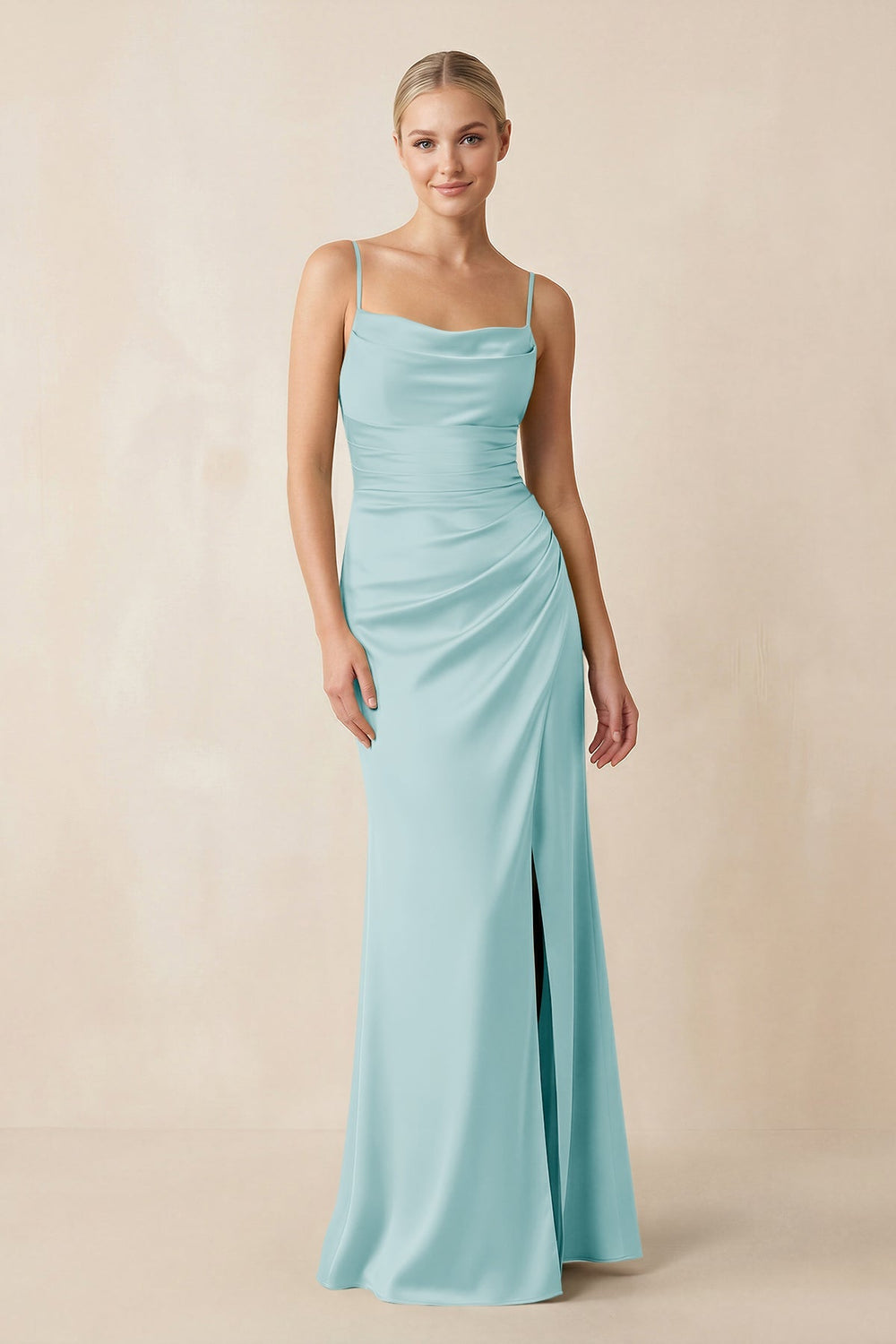 Cami Strap Ruched Satin Sheath Bridesmaid Dress in Bleached Aqua - KISS BRIDAL Bridesmaid Dresses