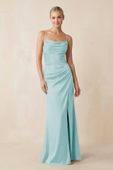 Cami Strap Ruched Satin Sheath Bridesmaid Dress in Bleached Aqua - KISS BRIDAL Bridesmaid Dresses