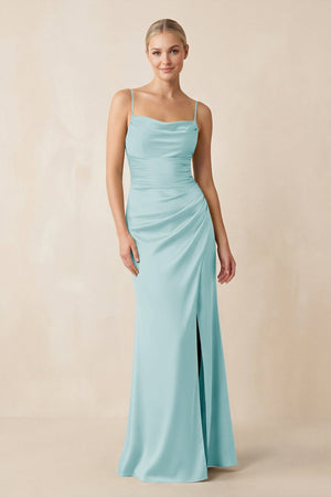 Cami Strap Ruched Satin Sheath Bridesmaid Dress in Bleached Aqua - KISS BRIDAL Bridesmaid Dresses