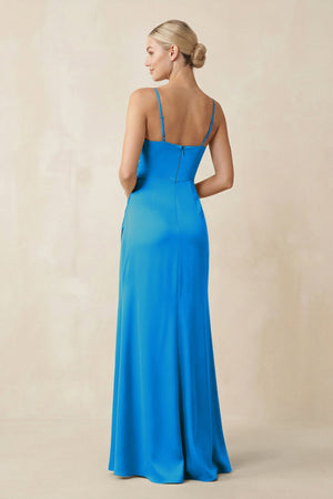 Cami Strap Ruched Satin Sheath Bridesmaid Dress in Blue Jay - SHE IS ME Bridesmaid Dresses