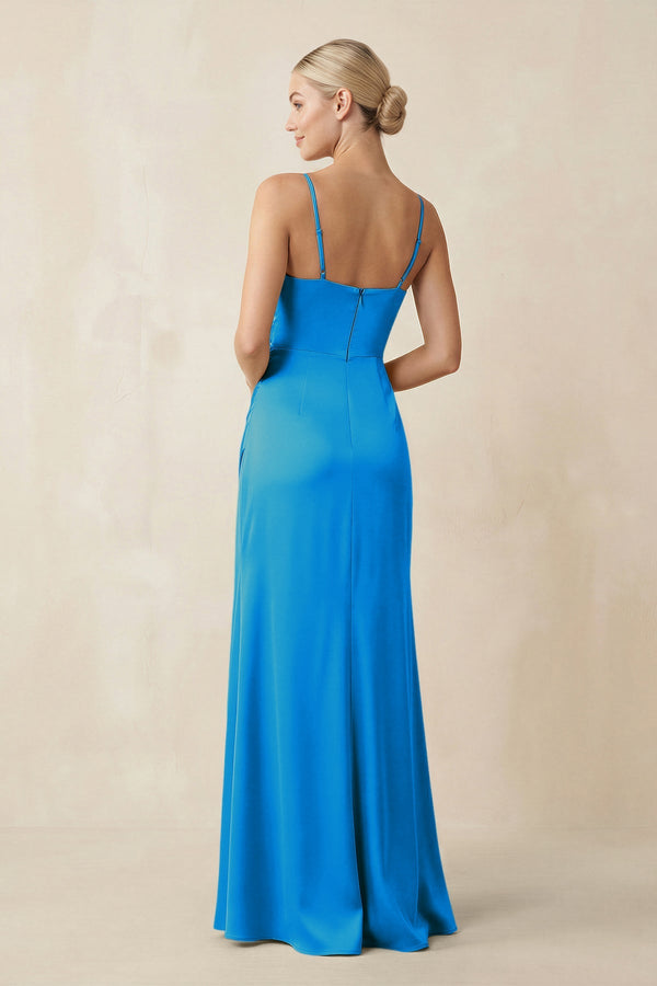Cami Strap Ruched Satin Sheath Bridesmaid Dress in Blue Jay - SHE IS ME Bridesmaid Dresses