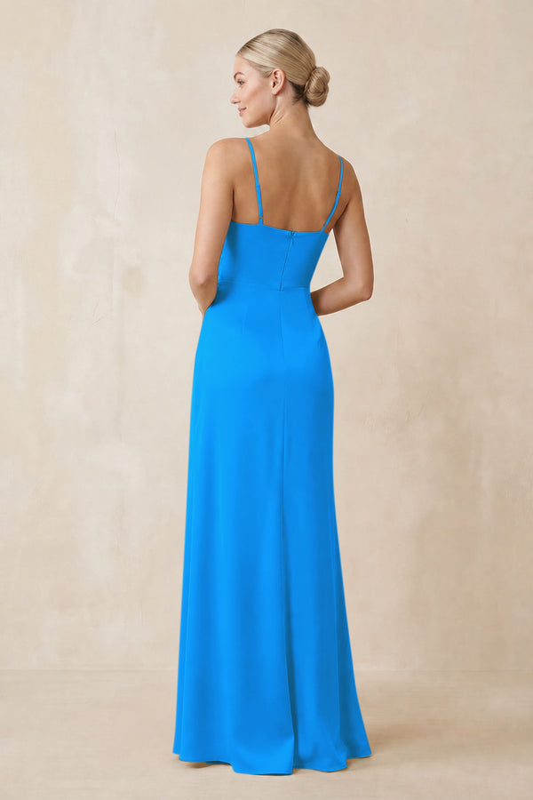 Cami Strap Ruched Satin Sheath Bridesmaid Dress in Blue Jay (2) | KISSBRIDAL