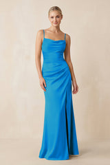 Cami Strap Ruched Satin Sheath Bridesmaid Dress in Blue Jay - KISS BRIDAL Bridesmaid Dresses