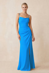 Cami Strap Ruched Satin Sheath Bridesmaid Dress in Blue Jay | KISSBRIDAL