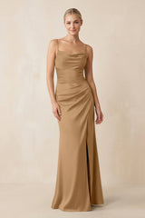 Cami Strap Ruched Satin Sheath Bridesmaid Dress in Bronzer - KISS BRIDAL Bridesmaid Dresses