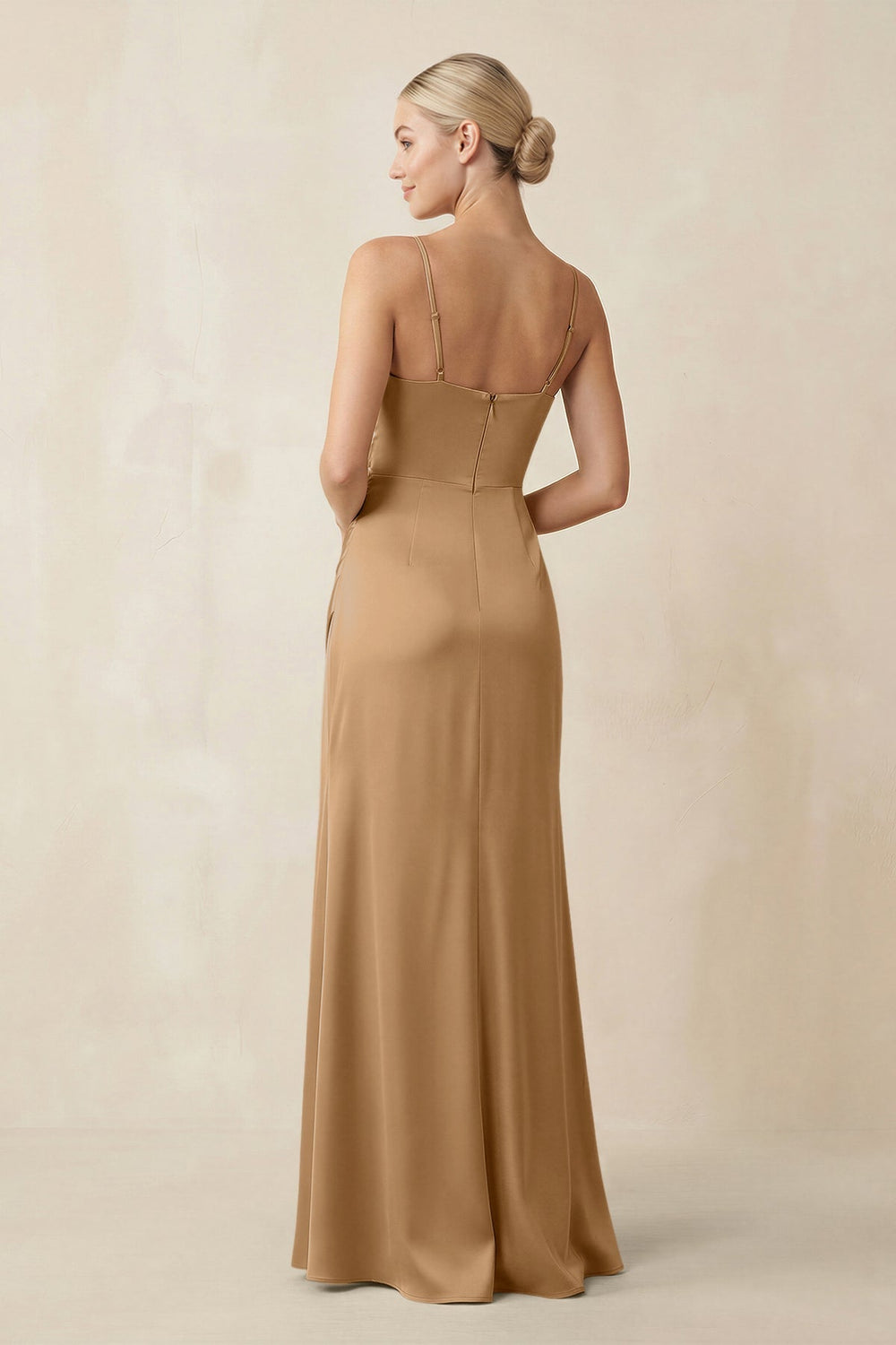 Cami Strap Ruched Satin Sheath Bridesmaid Dress in Bronzer - KISS BRIDAL Bridesmaid Dresses