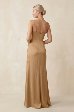 Cami Strap Ruched Satin Sheath Bridesmaid Dress in Bronzer - KISS BRIDAL Bridesmaid Dresses
