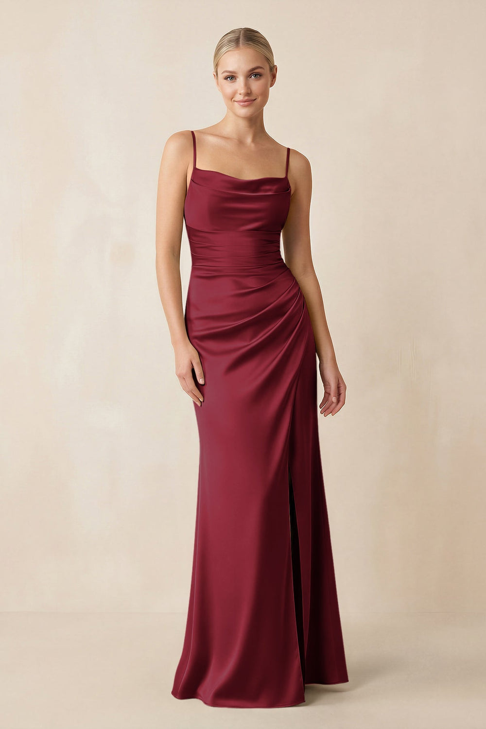 Cami Strap Ruched Satin Sheath Bridesmaid Dress in Burgundy - KISS BRIDAL Bridesmaid Dresses