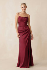 Cami Strap Ruched Satin Sheath Bridesmaid Dress in Burgundy - KISS BRIDAL Bridesmaid Dresses
