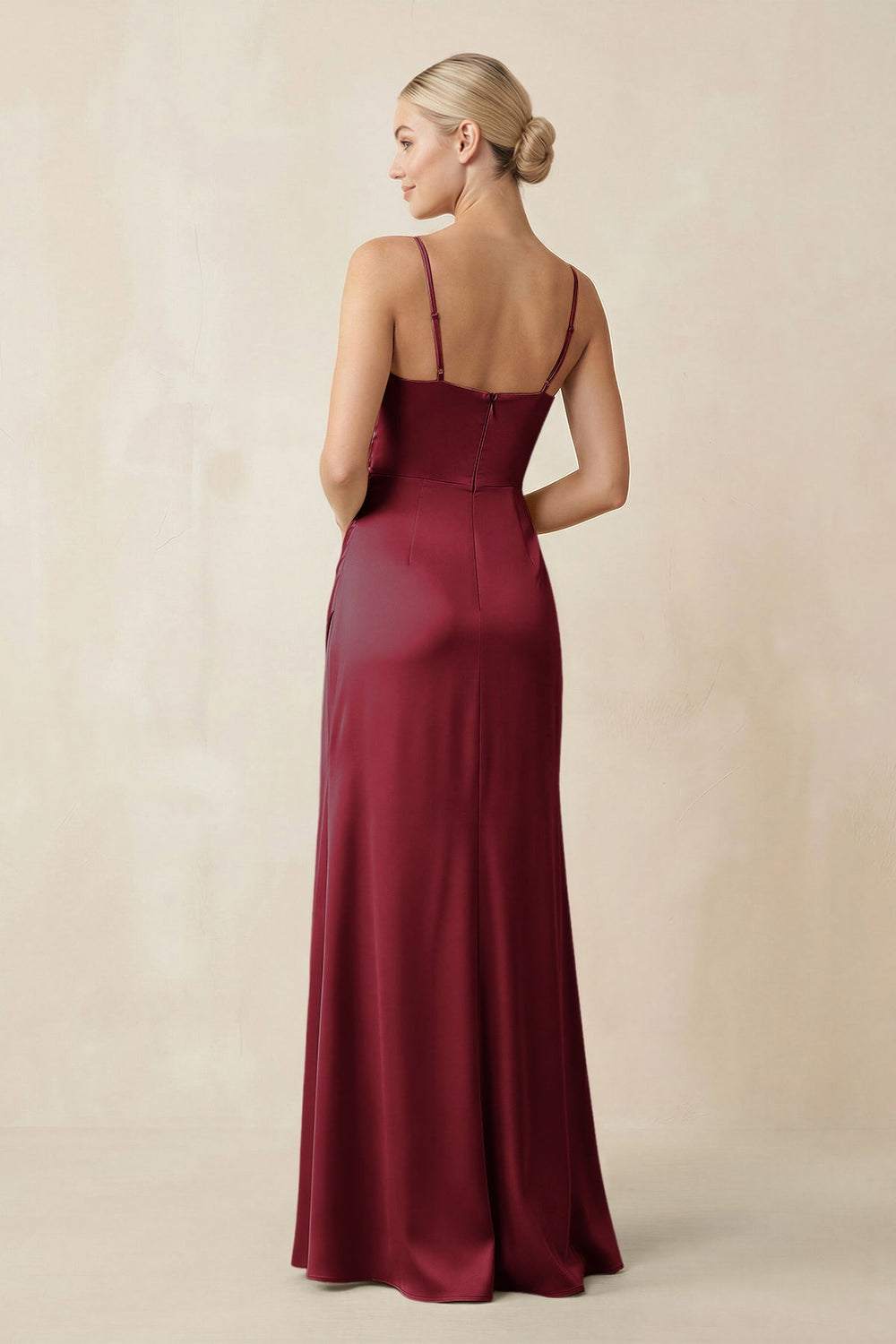 Cami Strap Ruched Satin Sheath Bridesmaid Dress in Burgundy - KISS BRIDAL Bridesmaid Dresses