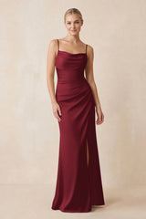 Cami Strap Ruched Satin Sheath Bridesmaid Dress in Burgundy | KISSBRIDAL