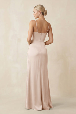Cami Strap Ruched Satin Sheath Bridesmaid Dress in Buttercream - KISS BRIDAL Bridesmaid Dresses