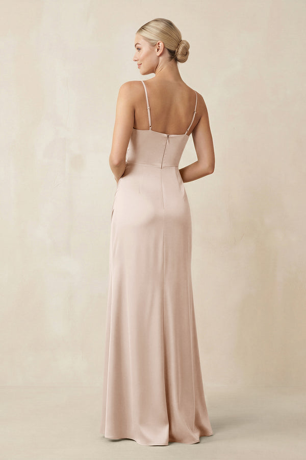Cami Strap Ruched Satin Sheath Bridesmaid Dress in Buttercream - KISS BRIDAL Bridesmaid Dresses