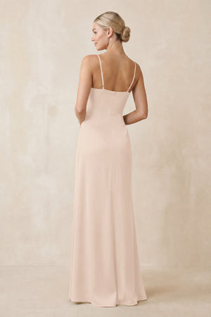 Cami Strap Ruched Satin Sheath Bridesmaid Dress in Buttercream (2) | KISSBRIDAL