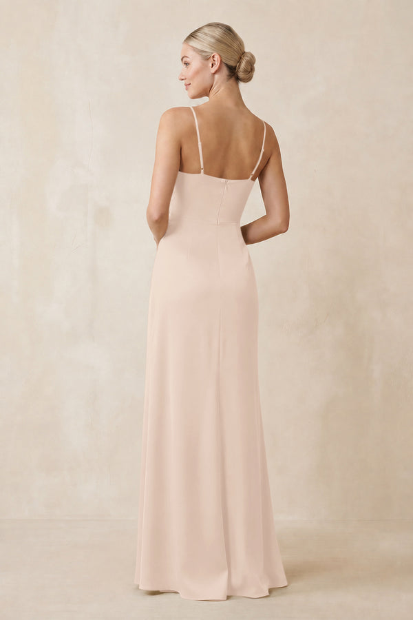 Cami Strap Ruched Satin Sheath Bridesmaid Dress in Buttercream (2) | KISSBRIDAL
