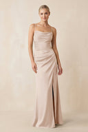 Cami Strap Ruched Satin Sheath Bridesmaid Dress in Buttercream - KISS BRIDAL Bridesmaid Dresses