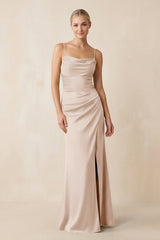 Cami Strap Ruched Satin Sheath Bridesmaid Dress in Buttercream - KISS BRIDAL Bridesmaid Dresses