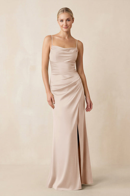 Cami Strap Ruched Satin Sheath Bridesmaid Dress in Buttercream - KISS BRIDAL Bridesmaid Dresses