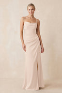 Cami Strap Ruched Satin Sheath Bridesmaid Dress in Buttercream | KISSBRIDAL