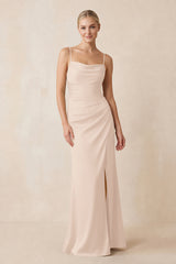 Cami Strap Ruched Satin Sheath Bridesmaid Dress in Buttercream | KISSBRIDAL