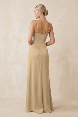 Cami Strap Ruched Satin Sheath Bridesmaid Dress in Champagne (2) | KISSBRIDAL