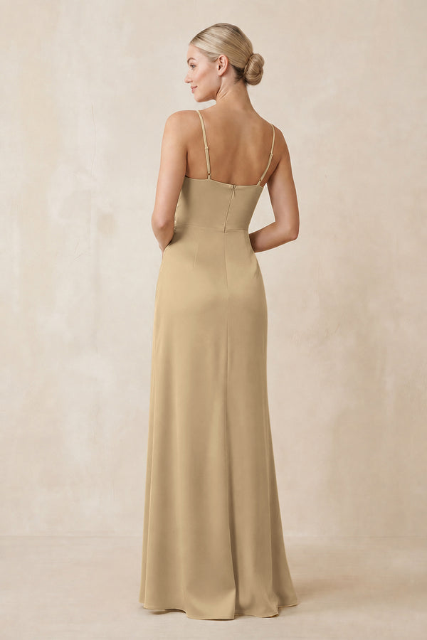 Cami Strap Ruched Satin Sheath Bridesmaid Dress in Champagne (2) | KISSBRIDAL
