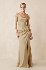 Cami Strap Ruched Satin Sheath Bridesmaid Dress in Champagne - KISS BRIDAL Bridesmaid Dresses