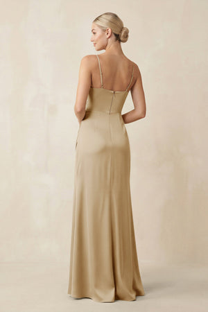 Cami Strap Ruched Satin Sheath Bridesmaid Dress in Champagne - KISS BRIDAL Bridesmaid Dresses