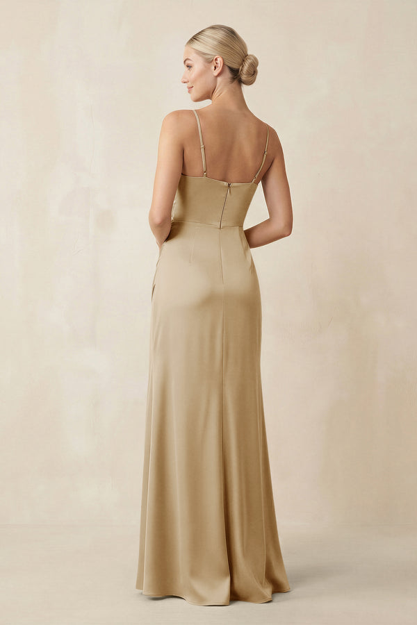 Cami Strap Ruched Satin Sheath Bridesmaid Dress in Champagne - KISS BRIDAL Bridesmaid Dresses