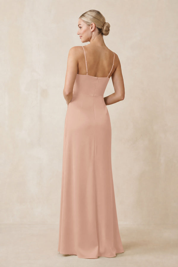 Cami Strap Ruched Satin Sheath Bridesmaid Dress in Champagne Rose (2) | KISSBRIDAL