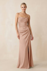 Cami Strap Ruched Satin Sheath Bridesmaid Dress in Champagne Rose - KISS BRIDAL Bridesmaid Dresses